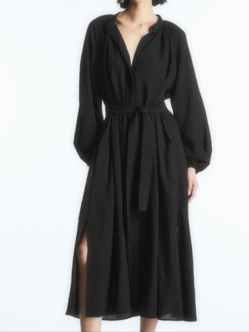 COS Black Belted Puff Sleeve V-Neck Maxi Dress Size 14 NWOT
